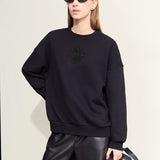 Women's Cotton Rose Embroidery Sweatshirt - Minimalist Autumn Pullover