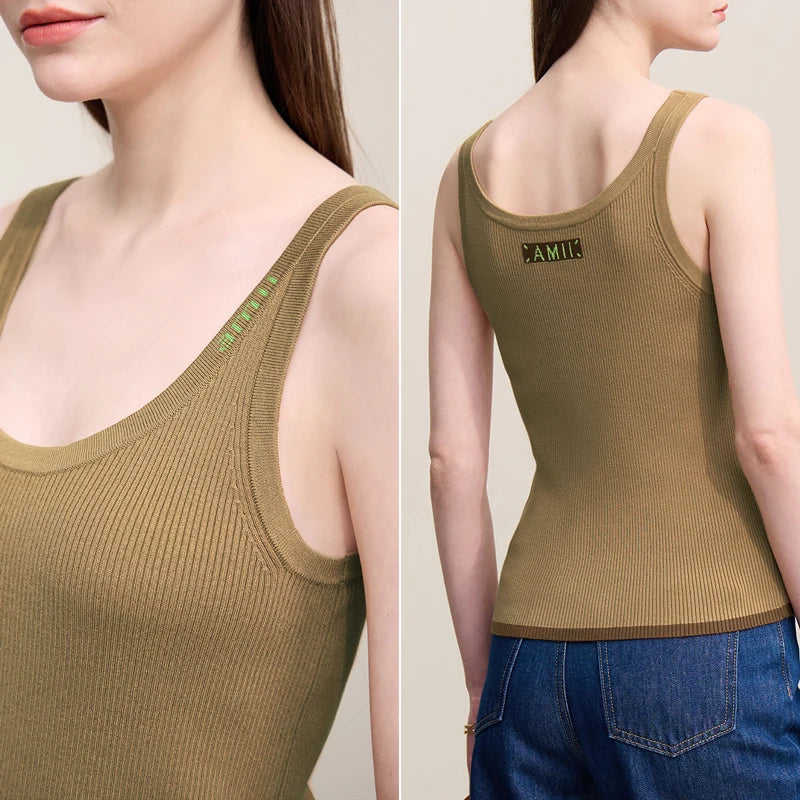 Women's Slim Knitted Camisole - U-Neck Jacquard Letter Vest Top