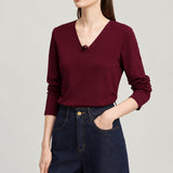 Women's V-Neck Cotton Knitted Long Sleeve T-Shirt - Autumn Top
