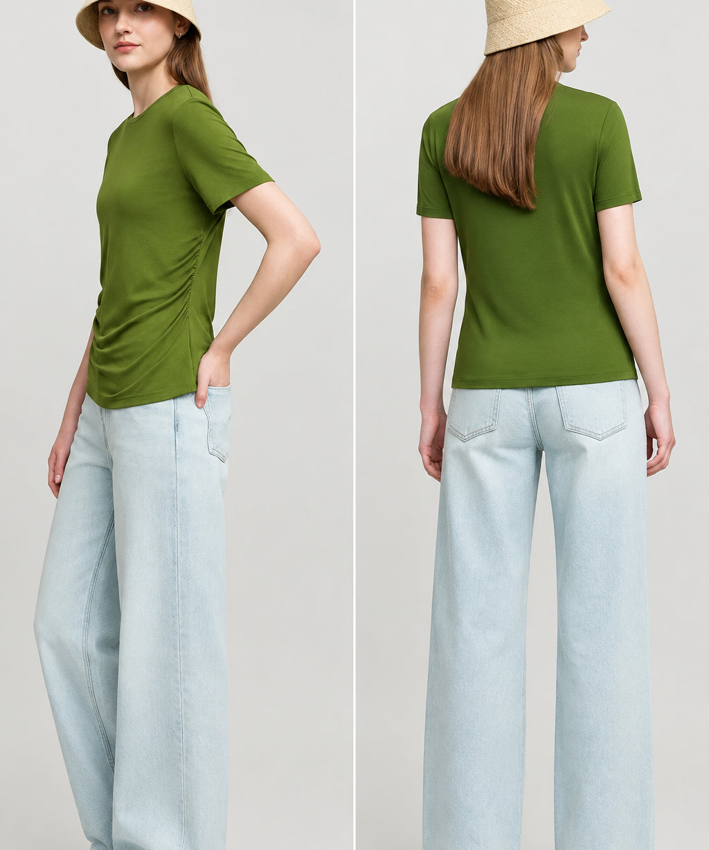 Women's Minimalist Slim Fit T-Shirt - Elegant Pleated Waist Tee